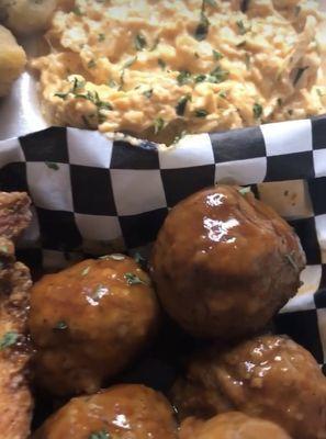 Meatballs, Fried Okra, Buffalo Chicken Dip