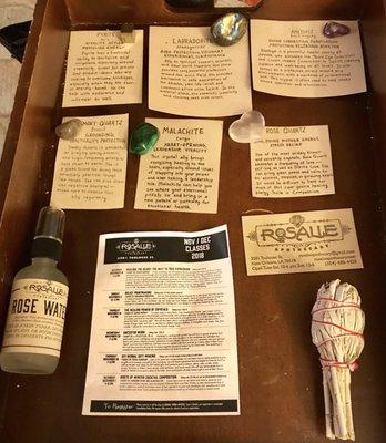 Found some awesome gems with descriptions, sage and rose water!