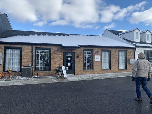 Outside of the Little Blue Pastry & Cafe.