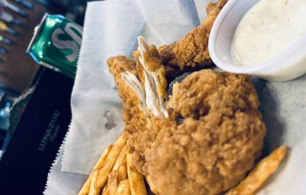 Juicy and Tender Chicken Tenders w/ hot fries.