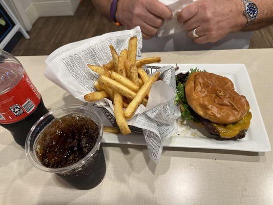 Delicious hamburger & fries with a Coke.