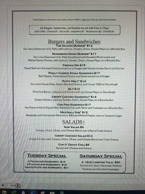 Menu 1, Available After 2pm Tuesday-Saturday