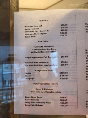 Menu as of Dec. 2021