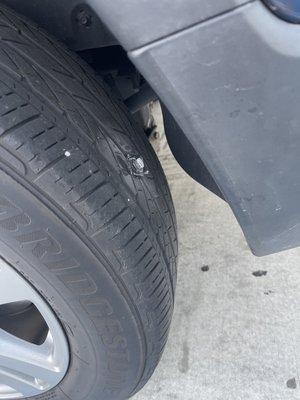 What we woke up to... a giant screw in our tire. They patched it up so well and fast!