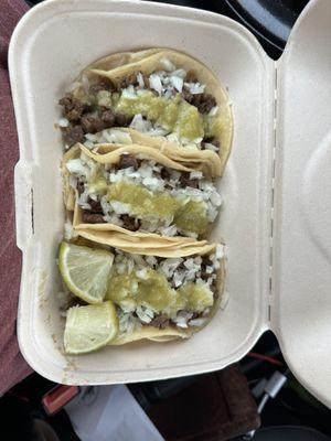 3 carnes asada tacos with you choice of salsa, i deleted cilantro