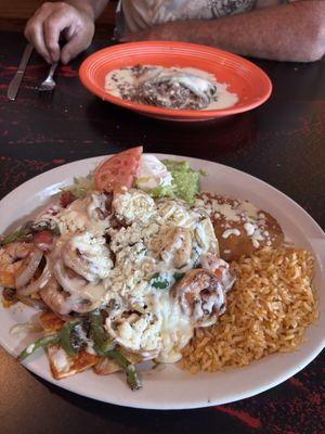 Shrimp Chilaquiles and a Beef Chile Relleno