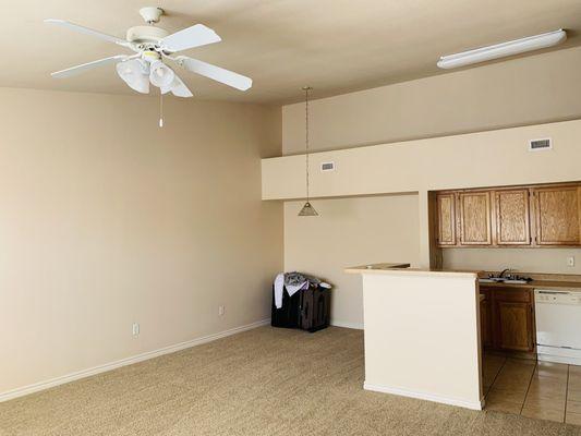 The huge living room and kitchen in a one-bedroom apartment