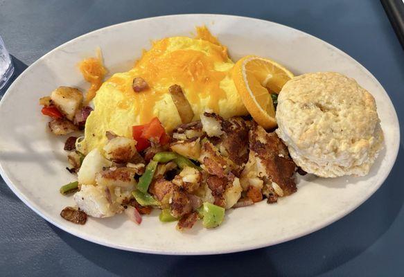 Senior omelet w/. Country Potato's & biscuit