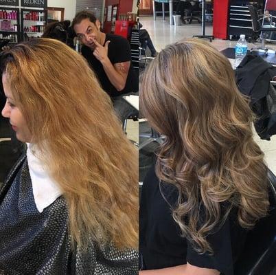 Before and after! Highlight, lowlight, glaze, Olaplex & layered haircut! And him... Lol
