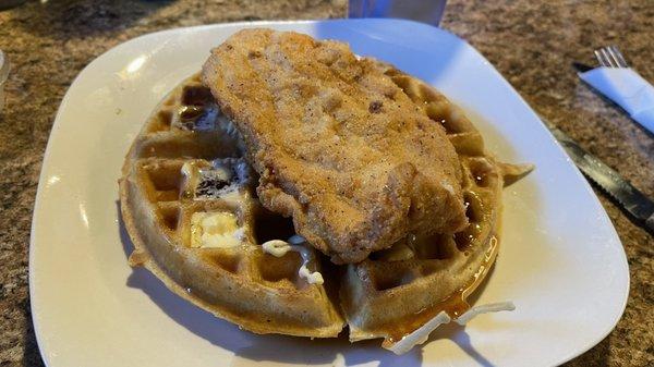 The chicken and waffles after I rearranged it. The chicken was piping hot until the last bite.