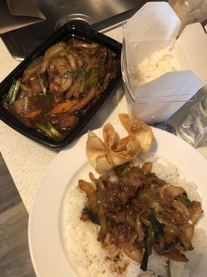 Mongolian Beef, steamed rice and crab rangoons