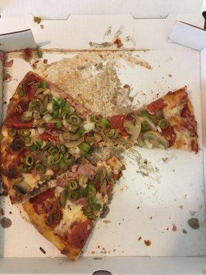 Main Street Special (supreme). Notice the wetness under half the pizza. Crust was limp and soggy on that portion.