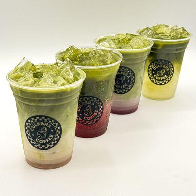 A showcase of our holiday syrups featured in various matchas.