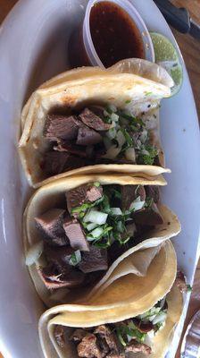 2 tacos de Lengua. And a taco de carne asada!
