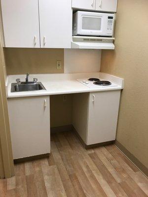 The actual kitchen. It has nothing at all. No plates, no flatware, nothing. Except mold.... Yeah, I have pics.