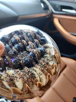 Olaf with and and granola and chia seeds with almond butter