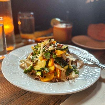 Summer Squash Salad (v): Zucchini Bread, Chèvre, Peas, Pickled Kholrabi Vinaigrette, Pecans