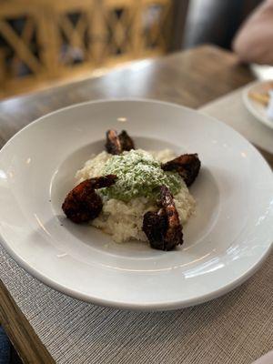 Parmesan based risotto with roasted pablano avocado sauce and blacked shrimp