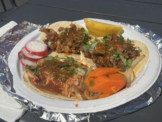 Al Pastor Tacos (the top two) Shredded chicken Taco (on the bottom)