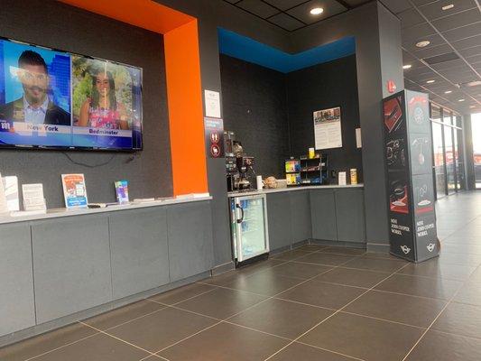 Waiting area with coffee, snacks, and WiFi