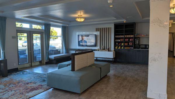 Lobby and small pay snack area next to the communal microwave