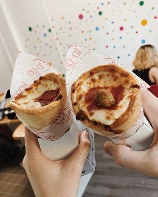 Pepperoni cone (left) and sausage cone (right).