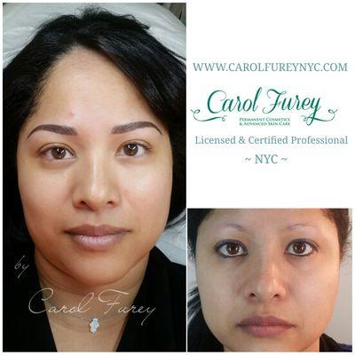 By simulating natural hairs with the "hair stroke" technique or by shadowing for more powdery effect we can achieve fuller looking eyebrows.