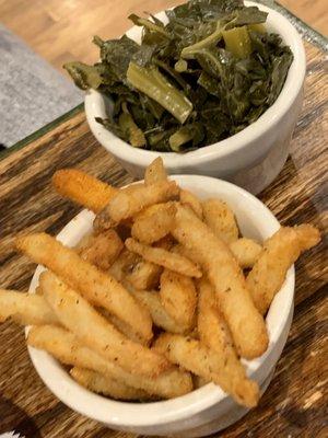 Collard greens made to perfection and fries with the perfect level of crisp!
