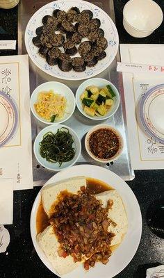 Rice sausage, home made tofu with hot sauce and complimentary appetizers!