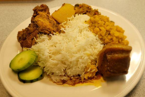 $6.99 for Curried Beef, Chicken, veggies, lentils with rice.