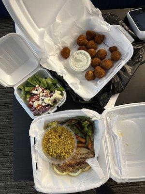 Fried mushrooms, catfish with rice and vegetables and salad. Yumminess.