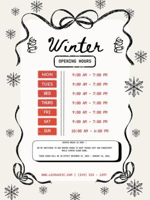 We'll be here all winter with your favorites.
Mon-Sat: 9-7
Sun: 10-6
Dec 19 - Jan 18