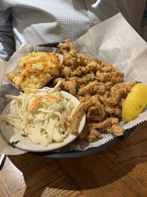 Clam strips with coleslaw and Mac and cheese