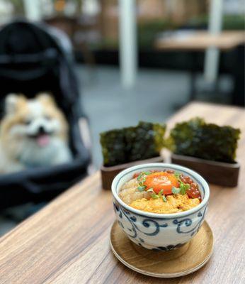 Uni Amaebi Don: Soy marinaded raw sweet shrimp, santa barbara uni, ikura, soy marinated yolk ($44 +$3 nori)