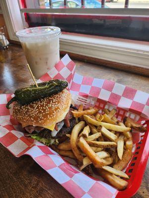 Mexican cheeseburger with fries and LG Horcata