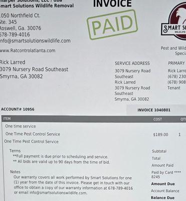 Where does this invoice state that a one time treatment carries no warranty.