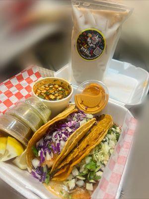 Shrimp taco, quesabirria taco with consomé and 16 oz horchata.