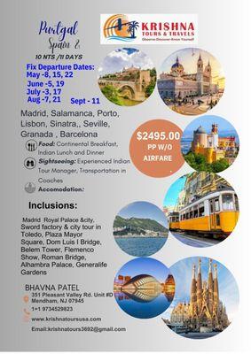 10 Nts Spain Portugal without flight $2595.00 per person, departure from May to September 2025.