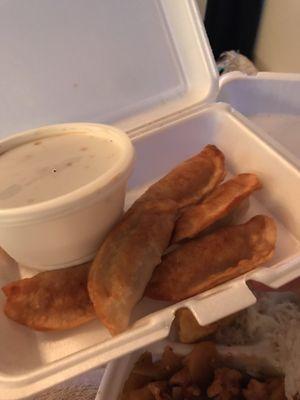 Fried dumplings with scallion soy dipping sauce