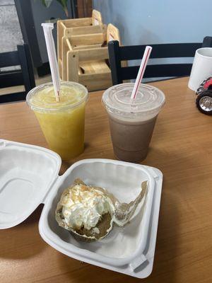 Passion fruit juice, chocolate milk, key lime desert