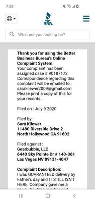 Report to Better Business Bureau