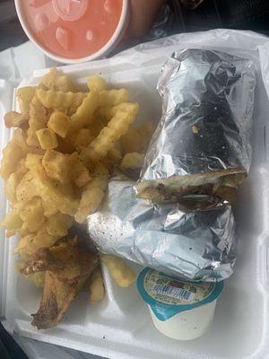 Philly cheese steak ,fries and lemon pepper wings