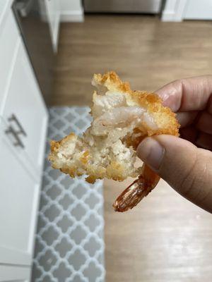 BARELY pink shrimp with raw batter inside.