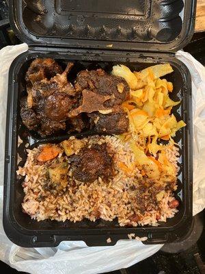 Oxtail, cabbage, rice/peas