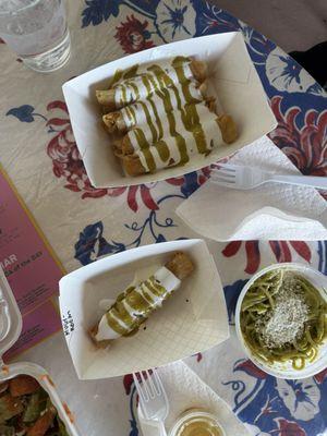 Mushroom chorizo taquito, potato taquitos and chicken taquitos. Also green spaghetti