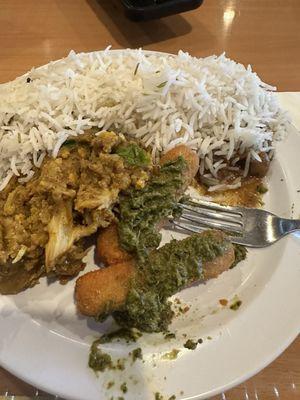 Basmati rice, channa masala, Aloo Gobhi, veggie sticks and mint chutney