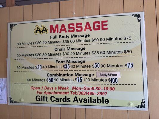 Massage menu and pricing, on 7/6/25