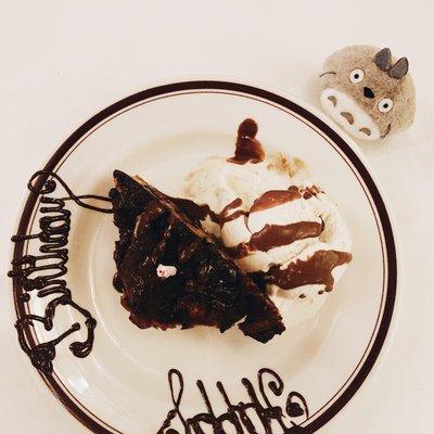 Chocolate cake and vanilla ice-cream dessert. Birthday complimentary dessert.