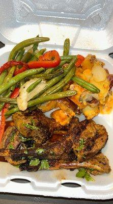 Lamb chop meal with green beans and cheesy potatoes