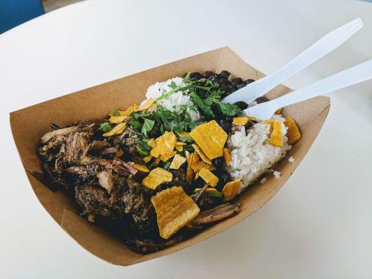 Yummy pineapple jerk pork with black beans and Jasmine rice